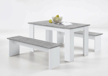 Danto Modern White & Concrete Grey Dining Set with Two Bench Seats - UK Luxury Furniture